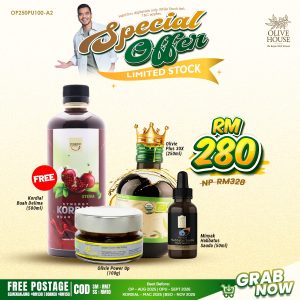Olivie Plus 30x + Olivie Power Up 100g +  free 1 Kordial Delima 500ml + free Minyak Habbatus Sauda